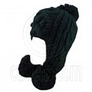 Plain Wooly Pop Pom Cable Beanie with Earflaps (BLACK) #51448