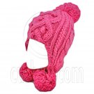 Plain Wooly Pop Pom Cable Beanie with Earflaps (HOT PINK) #51451