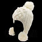 Plain Wooly Pop Pom Cable Beanie with Earflaps (BEIGE WHITE) #51452