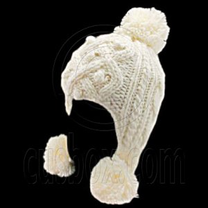 Plain Wooly Pop Pom Cable Beanie with Earflaps (BEIGE WHITE) #51452