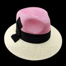 Wide Brim Fedora Braid Trim Hat (PINK WHITE) #51580