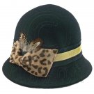 Wool Felt Vintage Style Cloche with Cheetah Bow Hat BLACK #51583