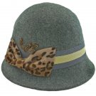 Wool Felt Vintage Style Cloche with Cheetah Bow Hat GRAY #51584