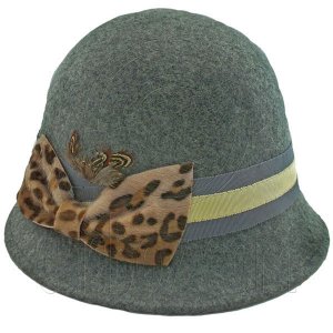 Wool Felt Vintage Style Cloche with Cheetah Bow Hat GRAY #51584