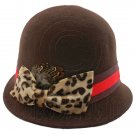Wool Felt Vintage Style Cloche with Cheetah Bow Hat BROWN #51585