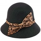 Wool Felt Vintage Style Lady Cloche with Cheetah Bowler Hat BLACK #51618