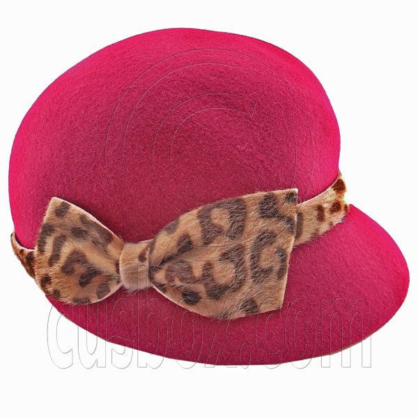 Wool Felt Lady Women Jockey Cap with Cheetah Bowler Hat BURGUNDY RED 51626