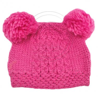 Warm Plain Wooly Beanie w/ Two Small Top Lovely Poms (HOT PINK) #51732