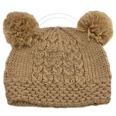 Warm Plain Wooly Beanie w/ Two Small Top Lovely Poms (BROWN) #51735