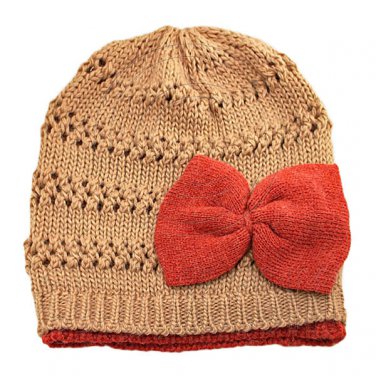 Warm Double Layer Wooly Slouchy Beanie Hat w/ Butterfly (LIGHT BROWN) #51812
