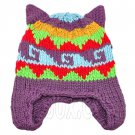 Warm Lovely Ears Earflaps Wooly Beanie Hat w/ Jacquard Pattern (PURPLE) #51821