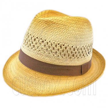 Unisex's Vented Lightweight Fedora Straw Hat w/ Brown Band #51855