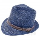 Mens' Two Woven Pattern Fedora Straw Hat w/ Brown Band (Dark Blue) #51857