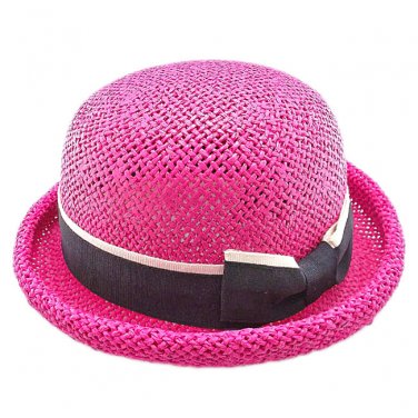Unisex's Woven Straw Dome Shaped Hat w/ Ribbon Headband (HOT PINK) #51898