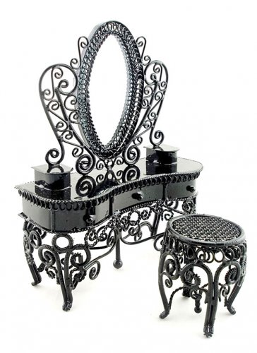 Black Wire Mirror Vanity Chair Set Dollhouse Furniture #11112