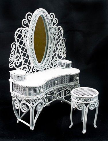 White Wire Makeup Desk Chair Dollhouse Furniture Set #11179