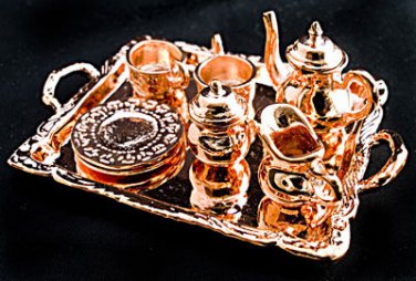 Copper Metal Tea Lid Pot Cups Set Dollhouse Miniature #11331