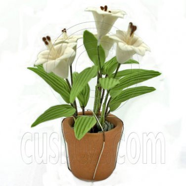 Porcelain New White Lily Flower Pot Dollhouse Miniature #11747