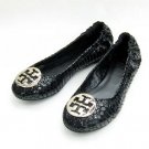 Tory Burch Reva Lizard Black Embossed Leather Flat Coconut SIZE US 5-10