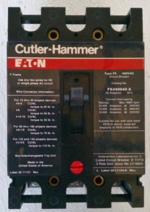 Cutler Hammer FS340040 Circuit Breaker 480 Volt 40 Amp