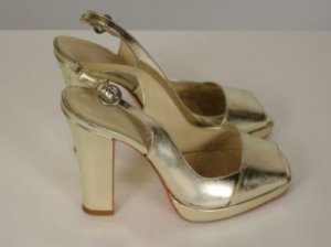 Boutique 58 Gold Square Toe Sling Back 4.5"Heels Leathe