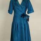 New Jones New York Blue 100% Silk Shirt Waist Wrap Dress Size 6