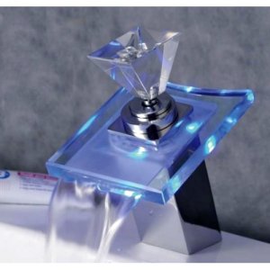 Chrome Single Handle mount LED Glass Waterfall Bath Sink Faucets(W22304) Free Shipping