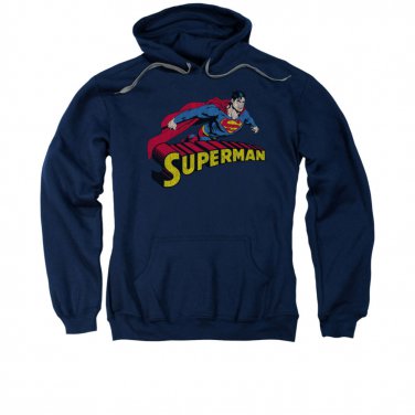 Superman Flying Over Logo Navy Pullover Hoodie Blue