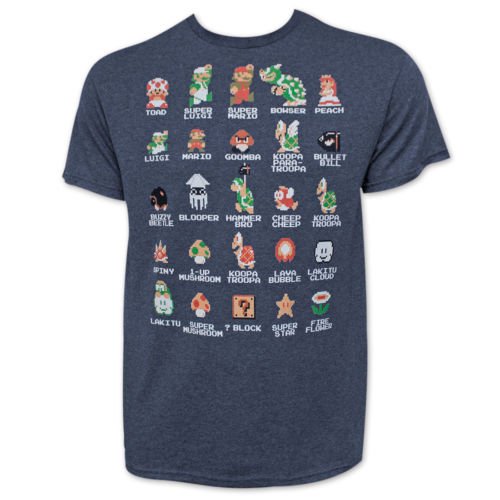 Nintendo Mario Pixel Cast Heather Navy T-Shirt Blue