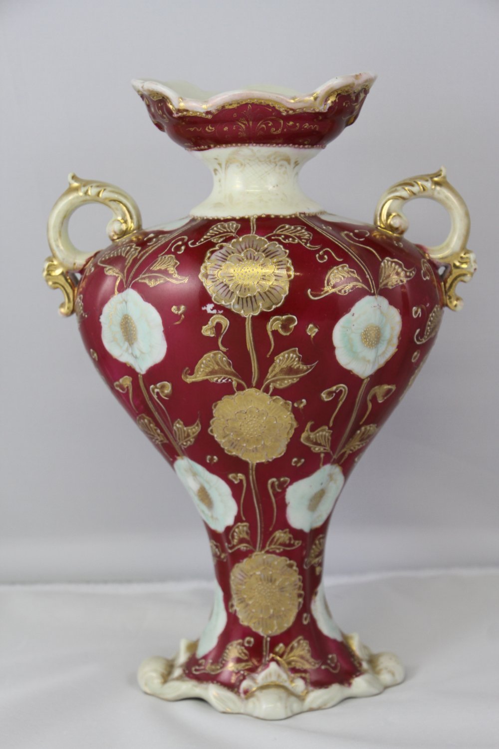 Vintage Vase Hand painted Burgundy Floral Gold