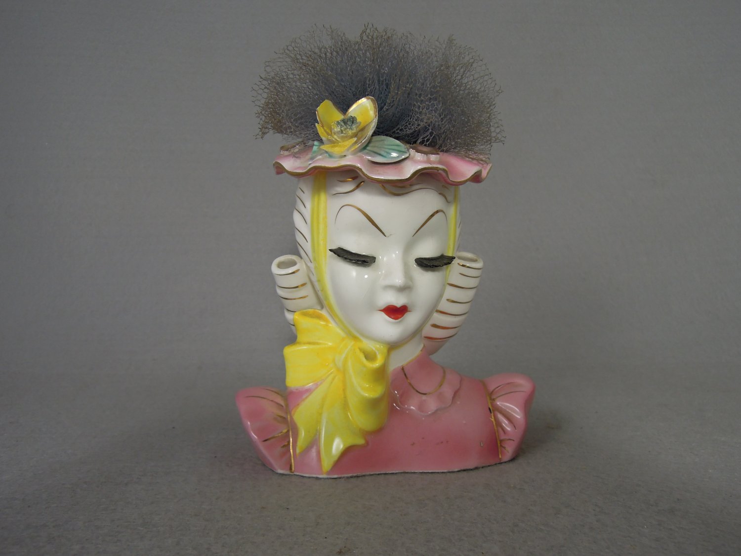 Vintage Lefton Barbara Head Vase Rare Flower and Top