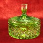 Vintage Green Cut Glass Candy Dish with Lid Hobstar radiant star