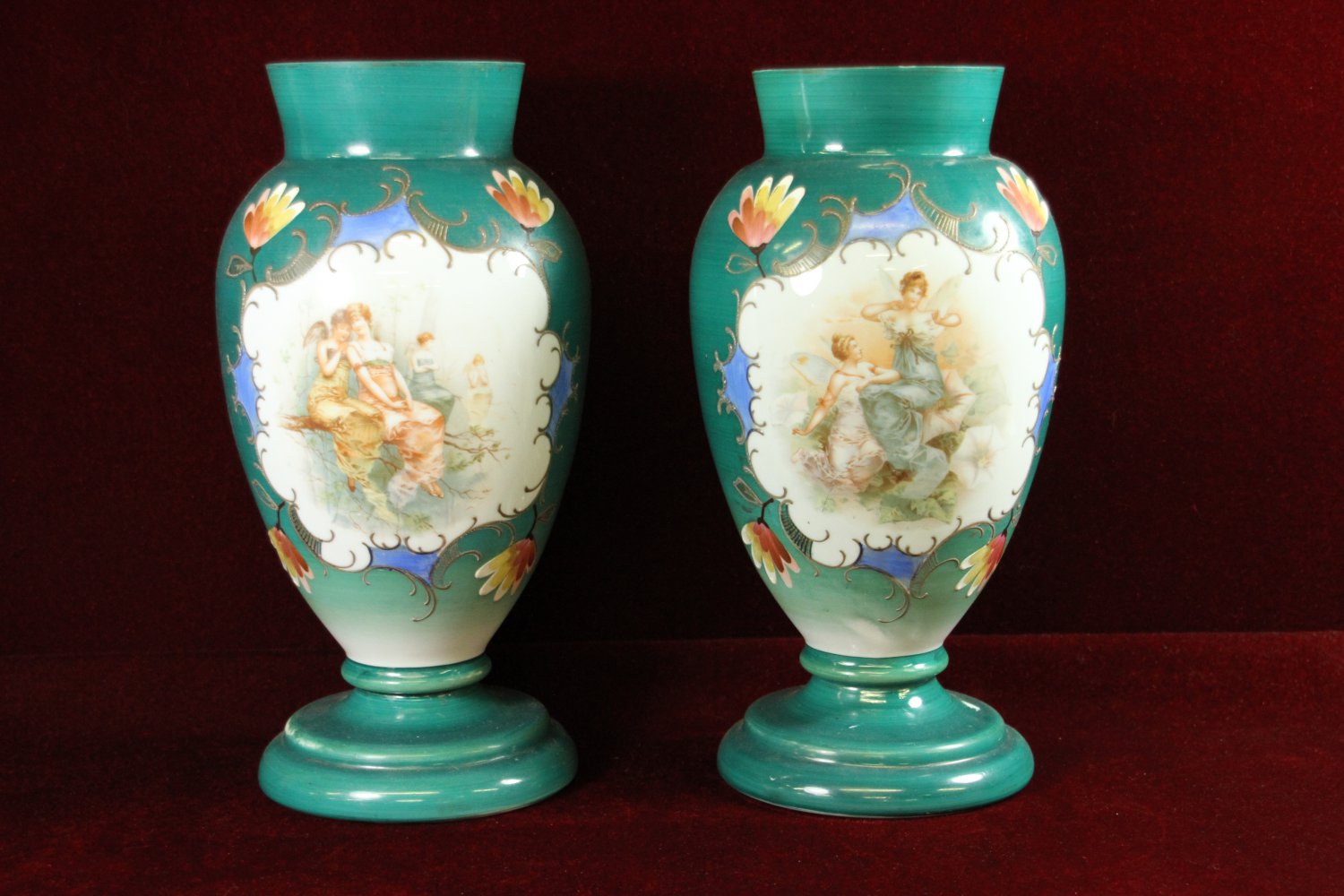 Antique Satin Glass Vases Hand painted Angle Women Green