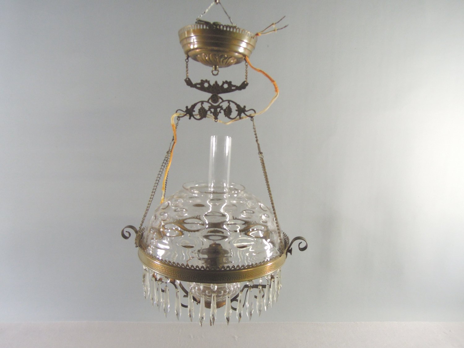 Victorian Steel Mantel Hanging Oil Lamp Hobnail Clear Brass