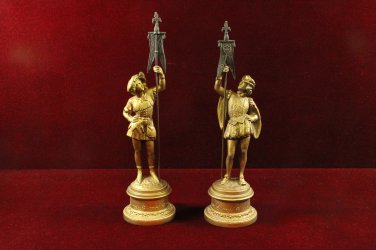 Pair Renaissance Gilded Men Flags Collectible rare