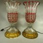 Pair Lamps Clear to Red Petal Rim Thumbprint Gold Base