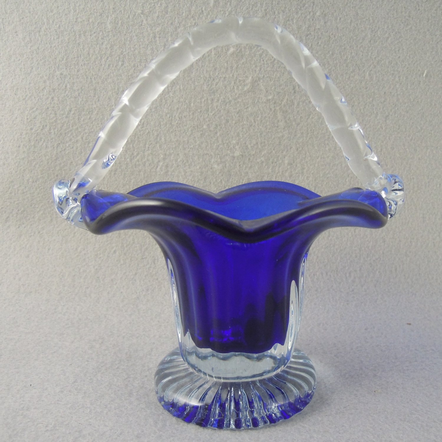 Vintage Glass Basket Cobalt Blue Applied Twisted Handle