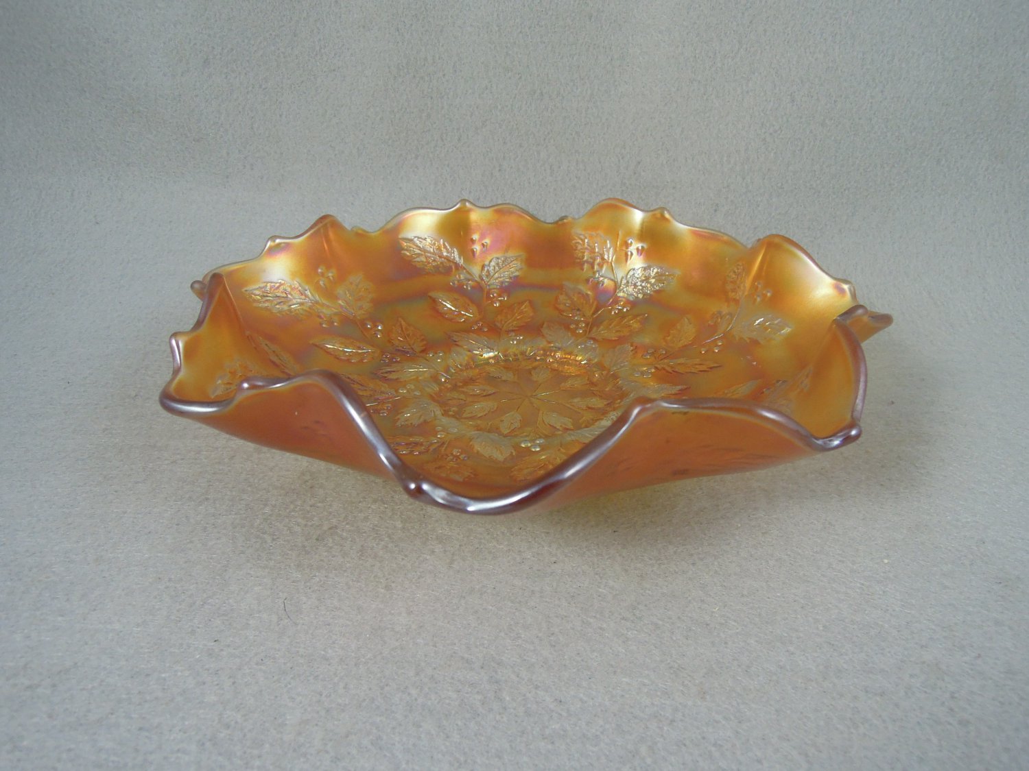 Fenton Carnival Glass Dish Holly Leaf Pattern Marigold Amber