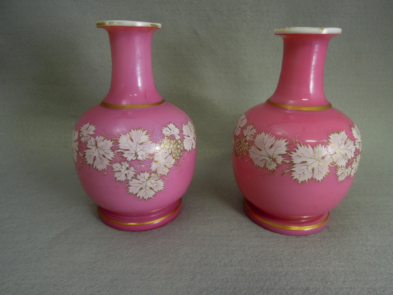 Pair Victorian Vases Pink Satin Art Glass White Gold Grapevines