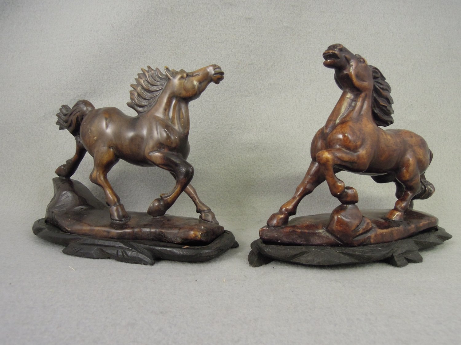 Pair Vintage Stone Carved Horses Galloping on Wooden Base