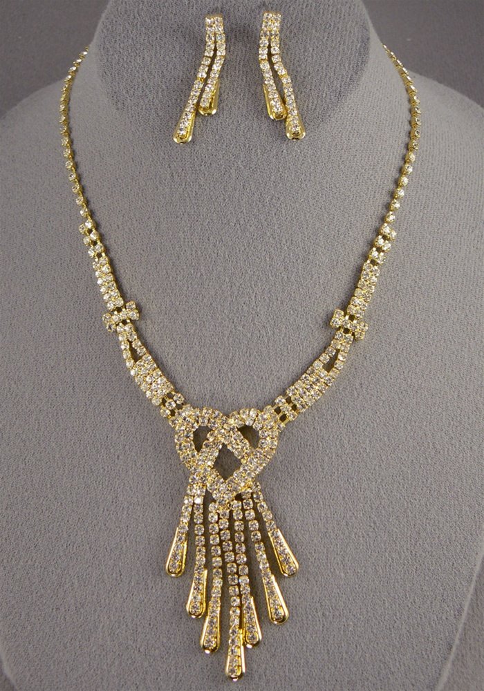 Ladies Rhinestone Gold Chain Neck / Earring Set