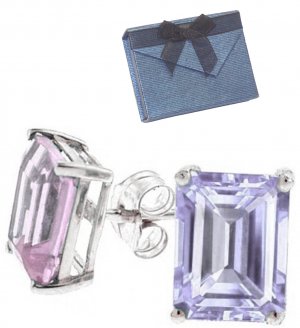 Sterling Silver & Amethyst Emerald Cut Solitaire Earrings -  Gift Boxed