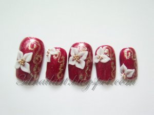 CLEARANCE! Red Glitz with Gold Scrolling and White Christmas Flowers