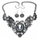 Vintage Filigree Cameo Fashion Necklace Set - Antique Silver Plated Women's Jewelry