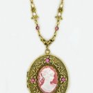 Vintage Cameo Locket Necklace - Pink Cameo Austrian Crystal Women's Jewelry