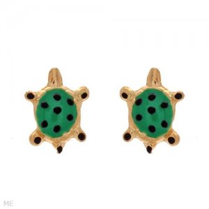 Child's 10k Gold Enamel TURTLE Earrings Stud/Post FROG Box