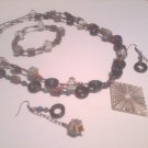 Wood Lampwork Necklace, Bracelet, and Earring Set