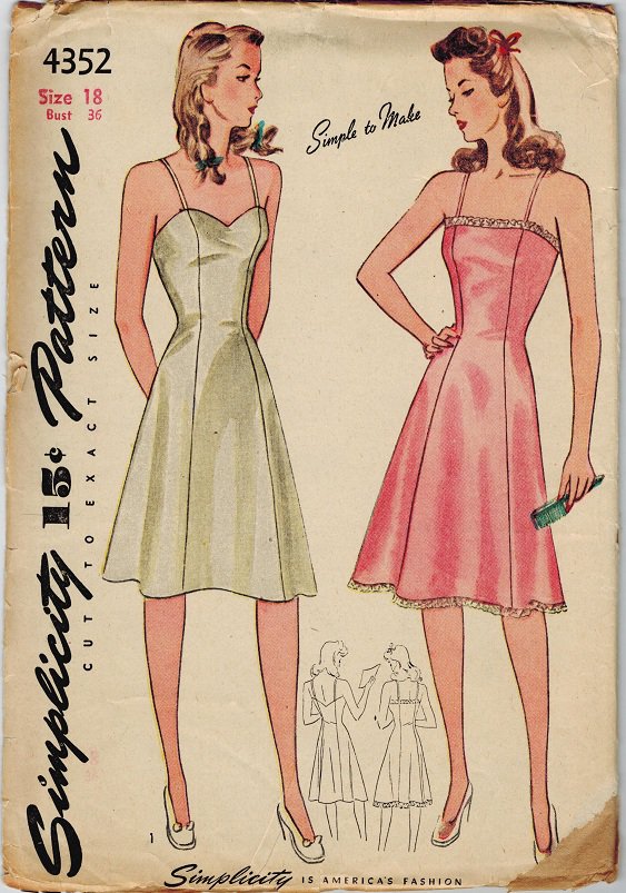 Simplicity 4352 40s Slim, Princess Panel SLIP in two styles Vintage