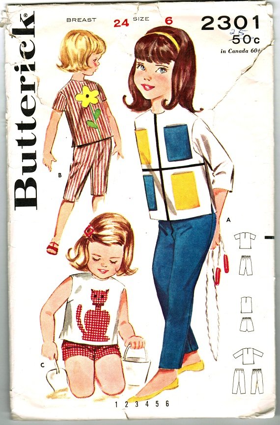 Butterick 2301 Vintage 60s Mondrian Look Girls TOP with Appliques, SHORTS and PANTS Sewing Pattern
