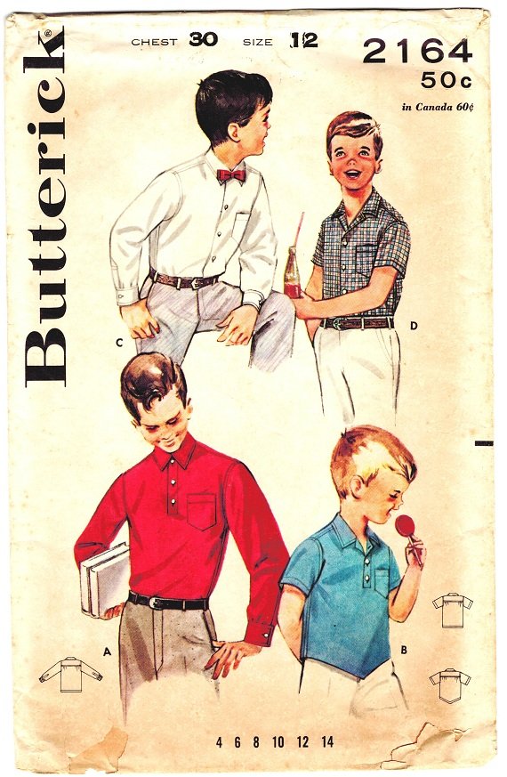 Butterick 2164 Vintage 60s Boys' Sport and Dress Shirt Sewing Pattern